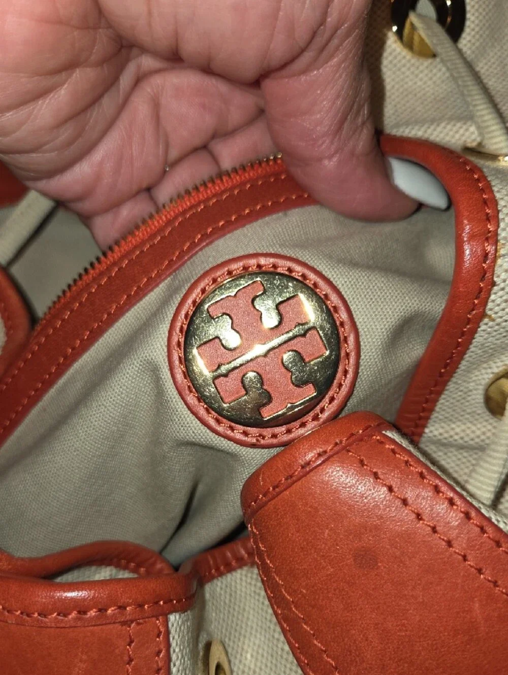 Tory Burch Cream Canvas Tote with Tan Leather Trim